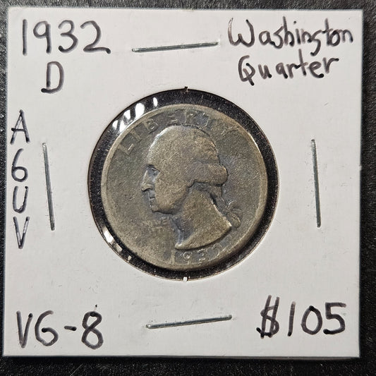 1932-D Washington Quarter KEY Date Coin Very Good (A6UV)