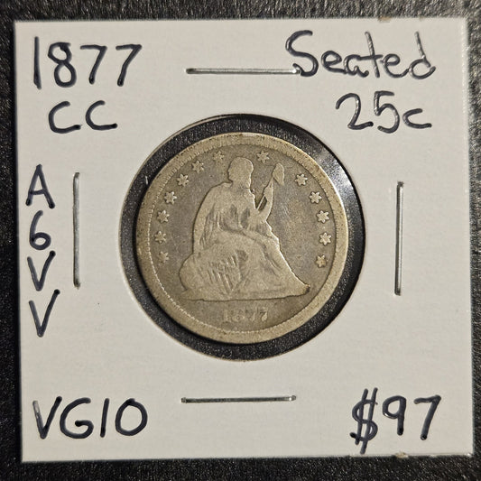 1877-CC Carson City Seated Liberty Quarter Very Good (A6VV)