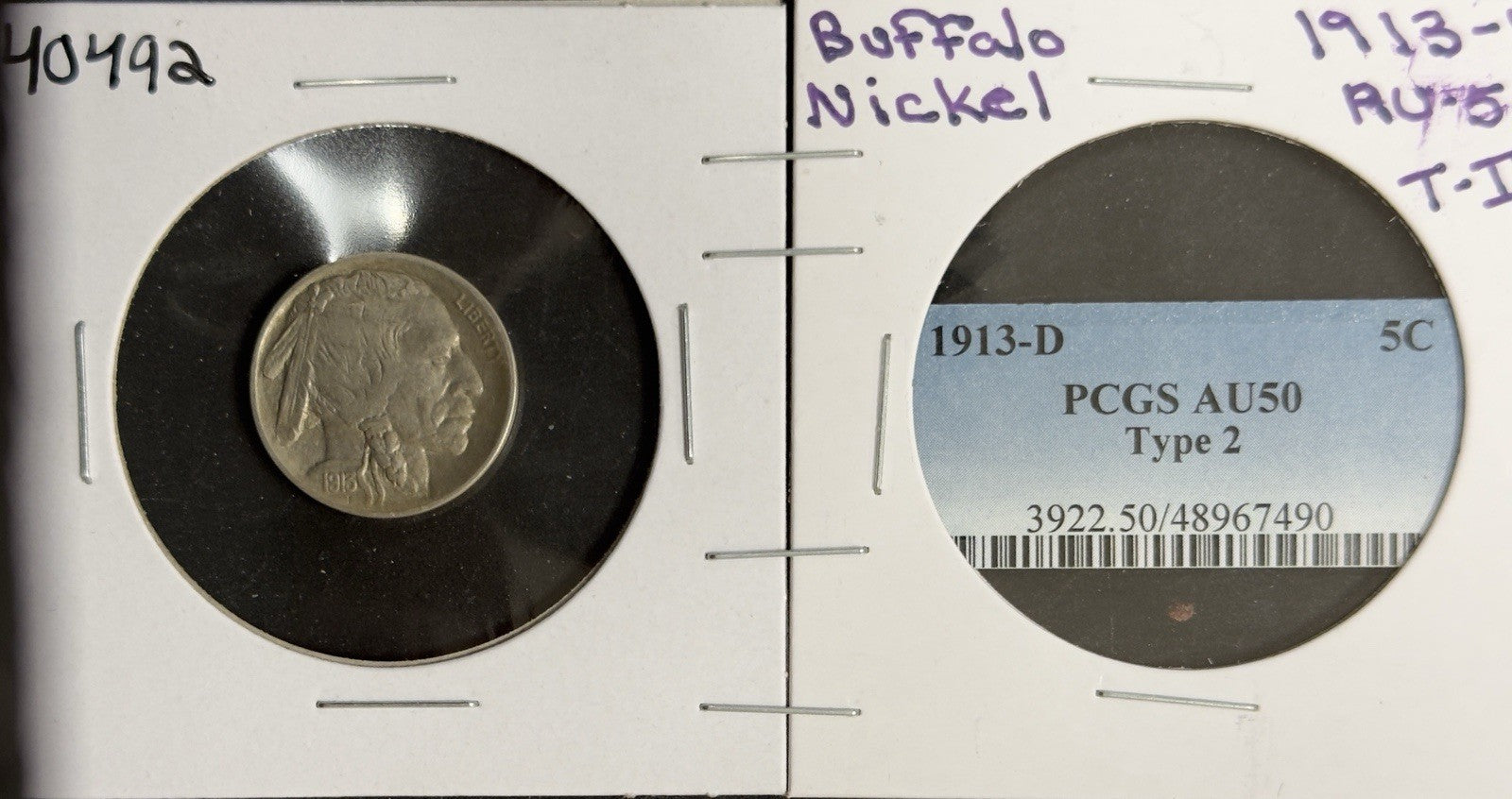 1913 D Buffalo Nickel Type 2 - Almost Uncirculated *Crackout* ( 40492 )