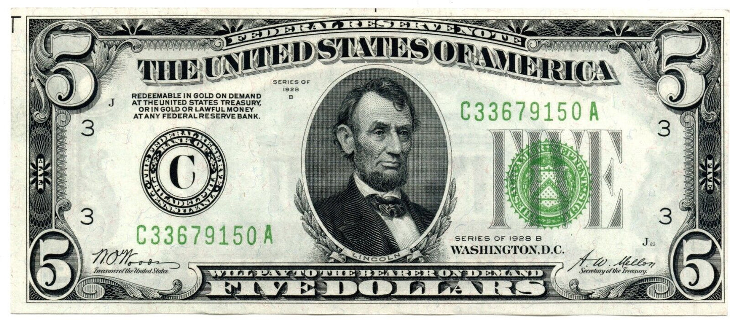 1928-B Federal Reserve Note Redeemable in Gold Fr.1952C Philadelphia UNC B1102