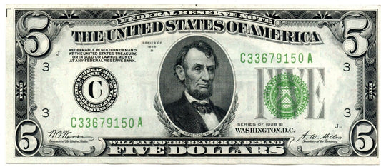 1928-B Federal Reserve Note Redeemable in Gold Fr.1952C Philadelphia UNC B1102