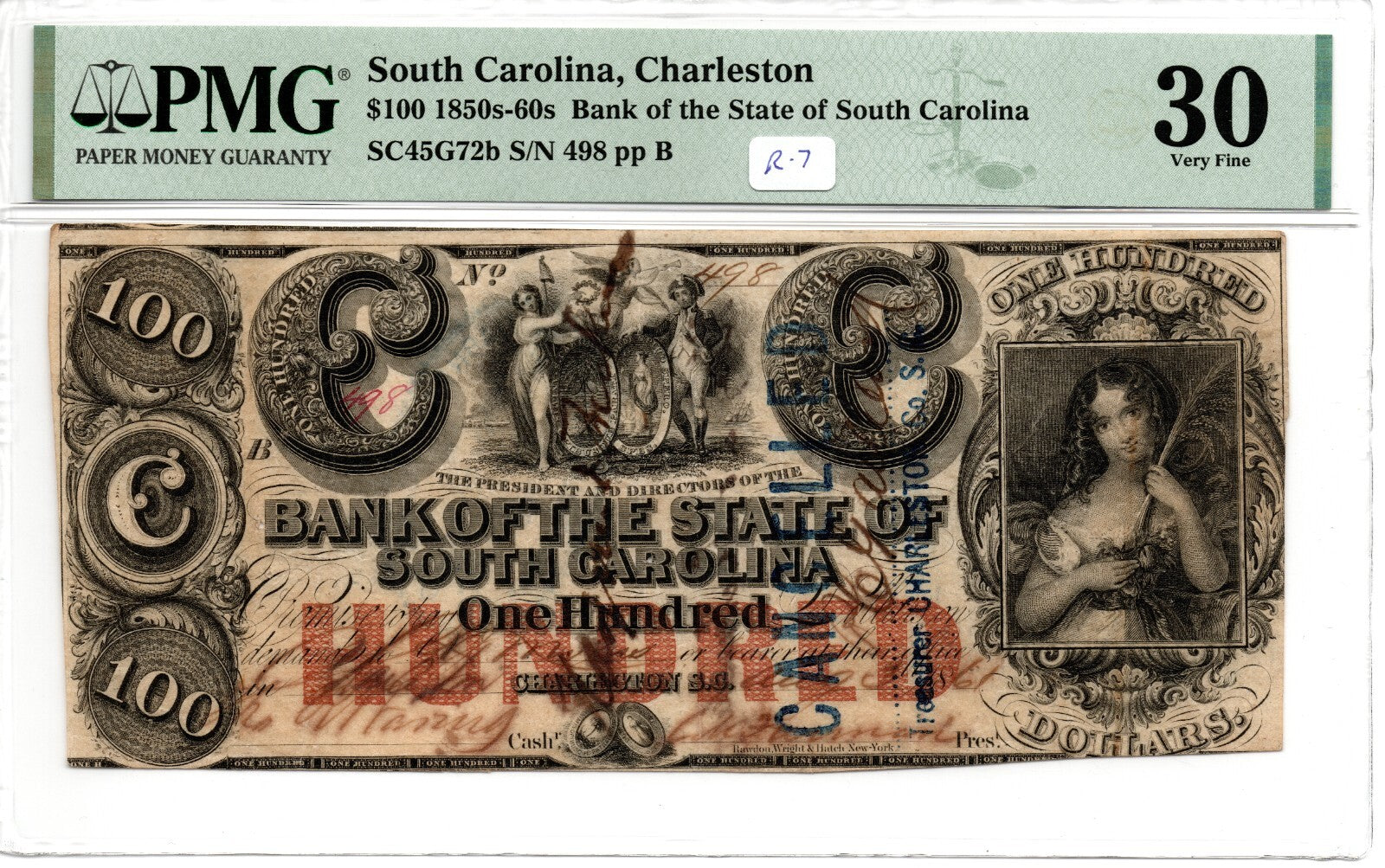 South Carolina Obsolete Currency $100 Charleston SC R-7 Graded PMG VF-30 (B1128)