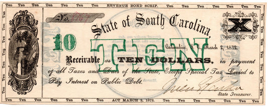 State of South Carolina $10 Obsolete Currency Revenue Bond Scrip 1872 CR-2 B1164