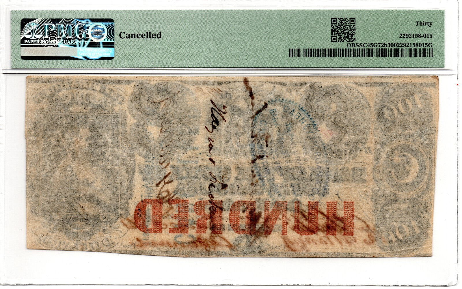 South Carolina Obsolete Currency $100 Charleston SC R-7 Graded PMG VF-30 (B1128)