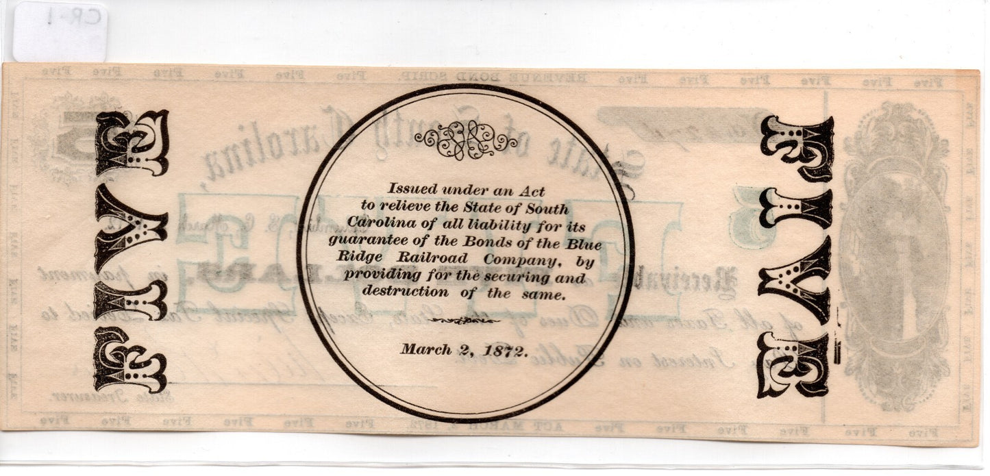 1872 South Carolina Revenue Scrip Bond 5 Dollars Columbia UNC CR-1 PMB1134