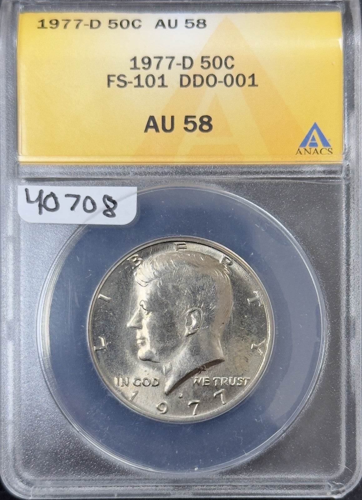 1977 D Kennedy Half Dollar FS-101 DDO-001 - ANACS AU58 ( 40708 )