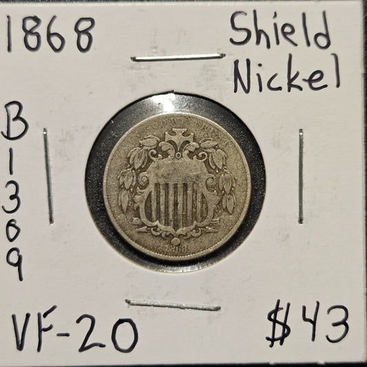 1868-P Shield Nickel Ungraded Very Fine B1309