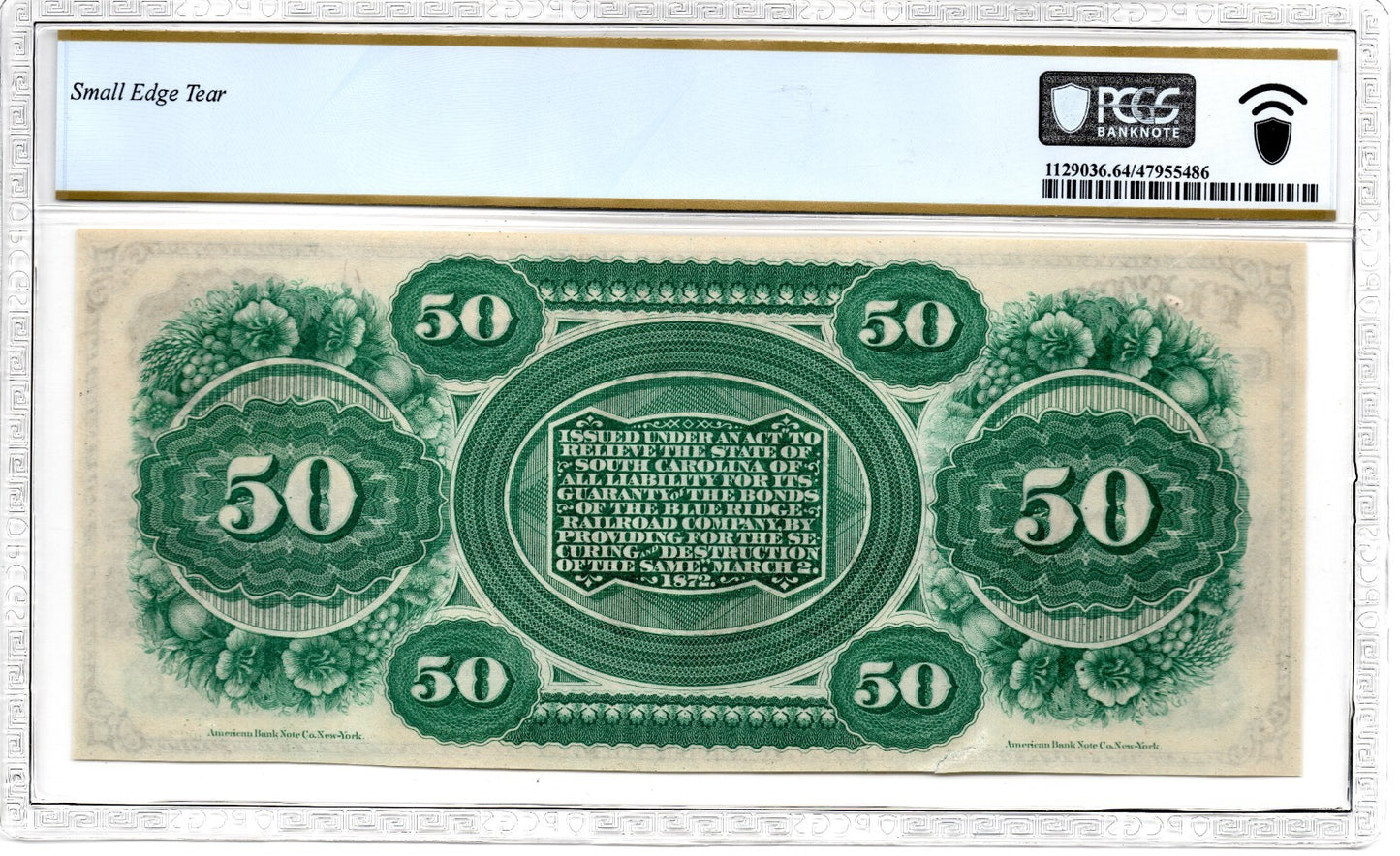 1872 South Carolina $50 Revenue Bond Scrip Obsolete Note PCGS CH UNC 64 (B1129)