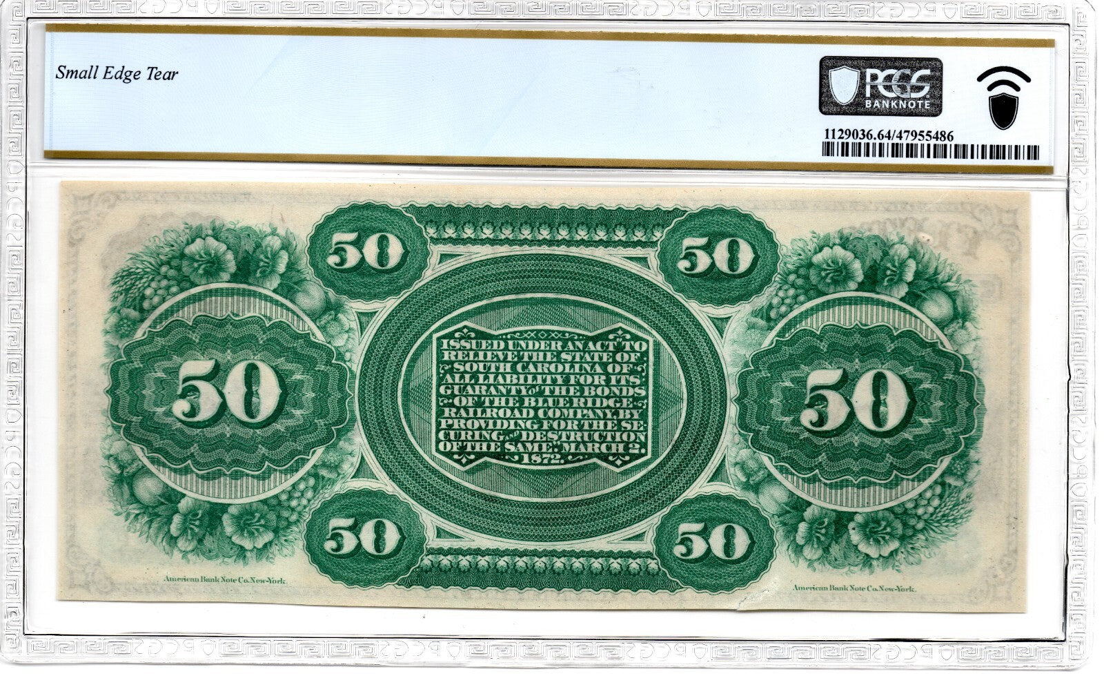 1872 South Carolina $50 Revenue Bond Scrip Obsolete Note PCGS CH UNC 64 (B1129)