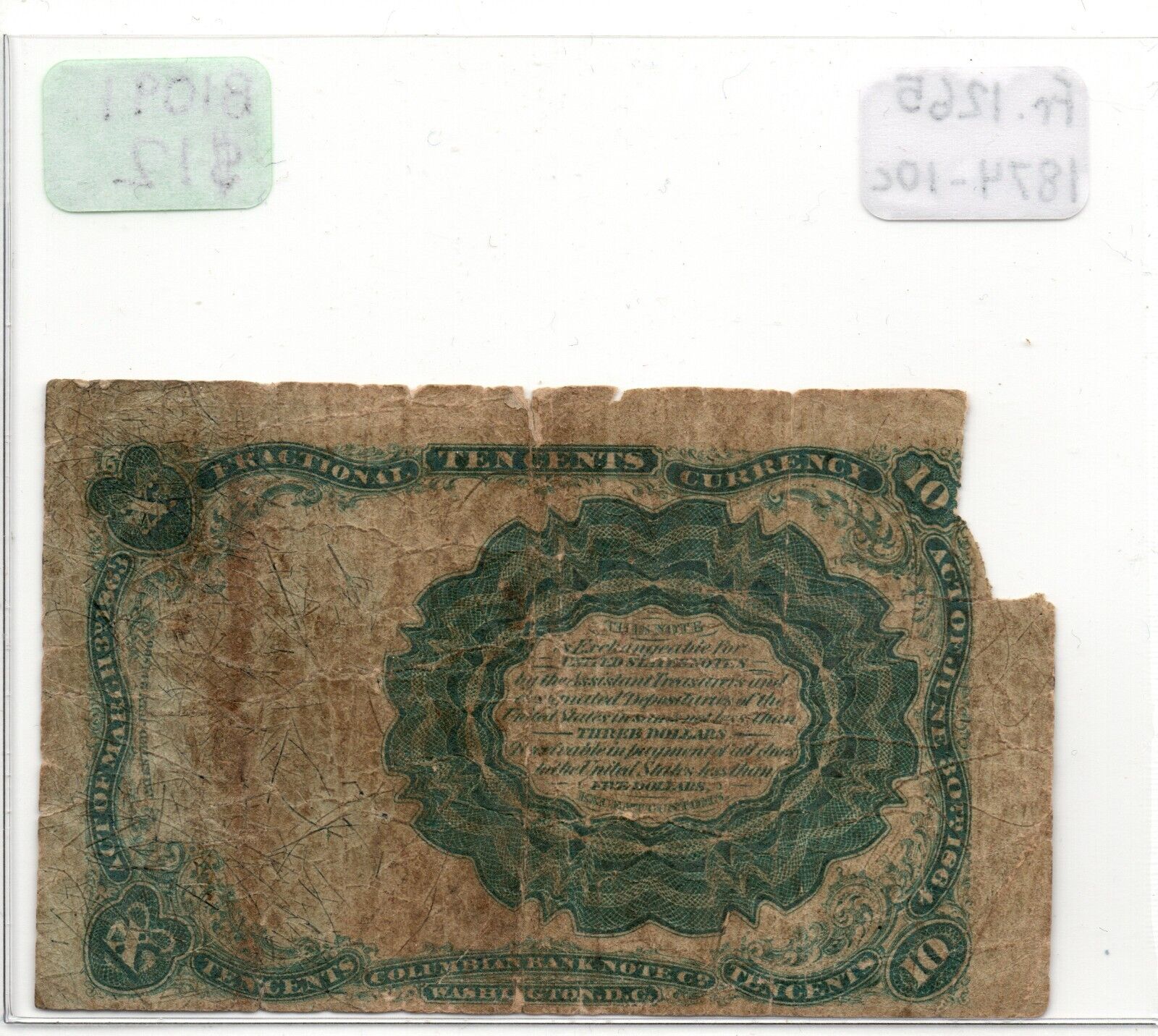 1874 Ten Cents Fractional Currency Great Affordable Note!! B1091