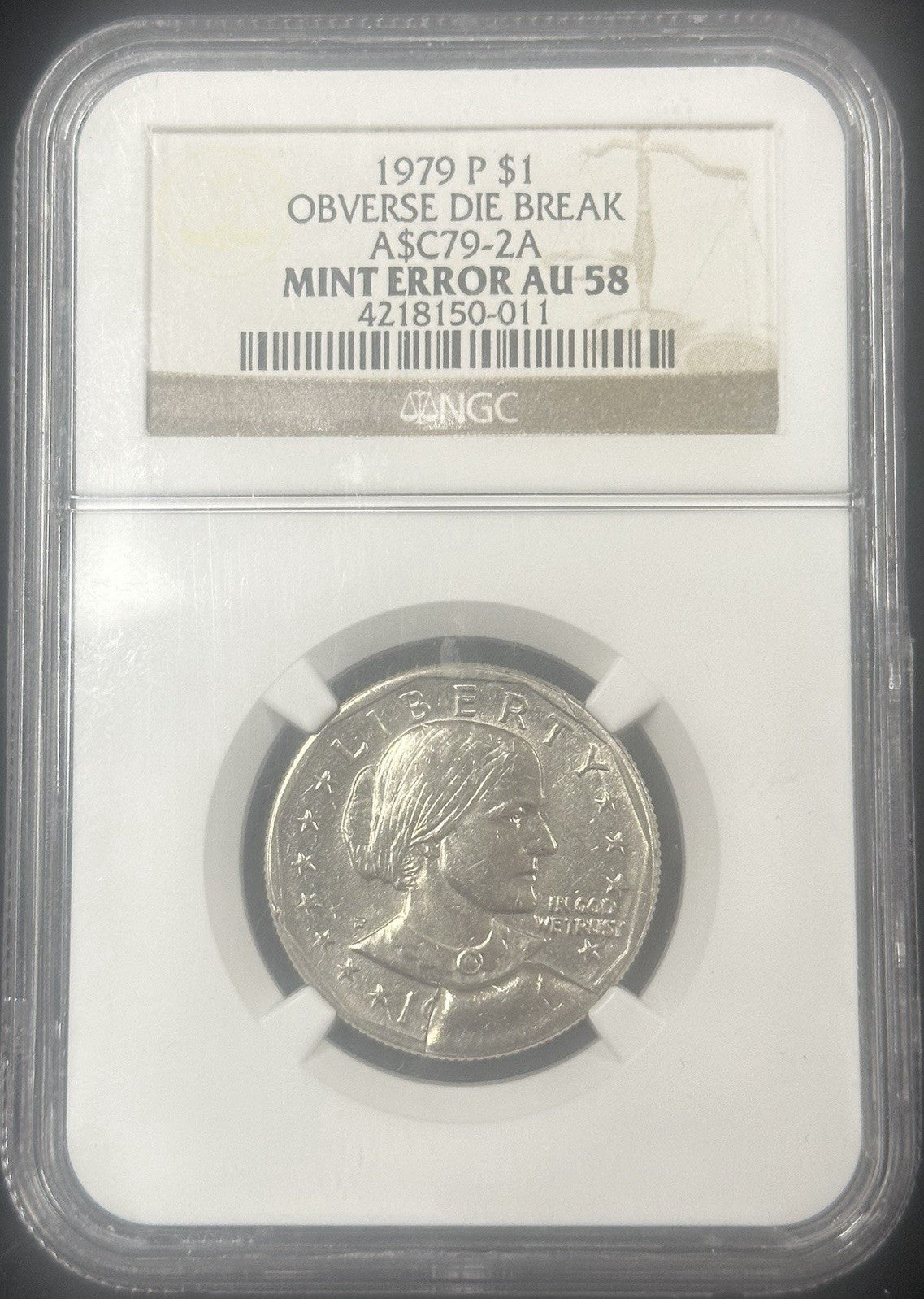 1979 SBA Obverse Die Break A$C79-2A Mint Error NGC AU58 - JP63