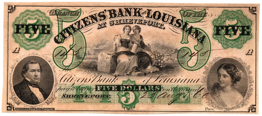 1800's $5 The Citizens Bank of LOUISIANA at Shreveport Note LA3910-25 UNC B1133