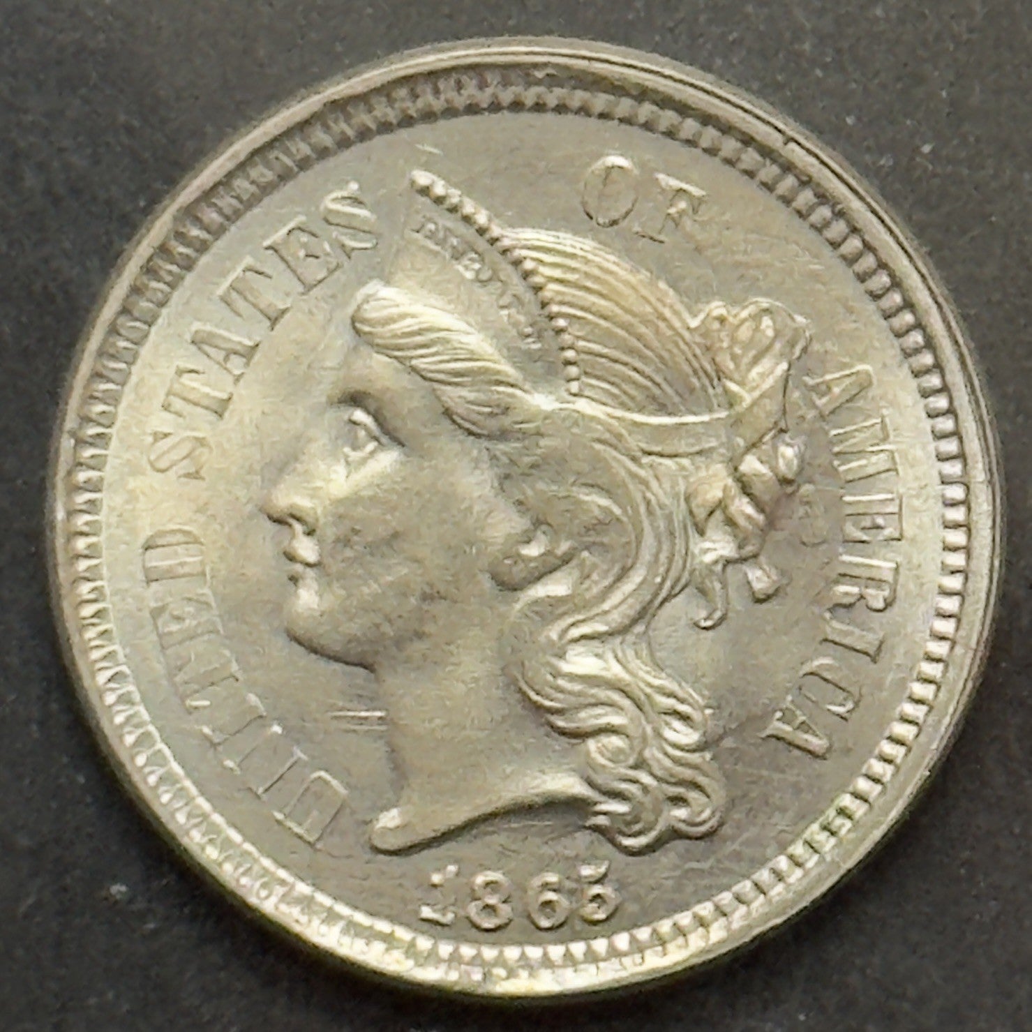 1865 3 Cent Nickel - Mint State *Crackout* ( 40489 )