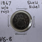 1867 Shield Nickel W/O Rays - Very Good ( 210351 )