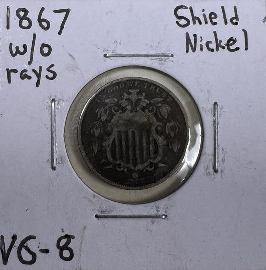 1867 Shield Nickel W/O Rays - Very Good ( 210351 )
