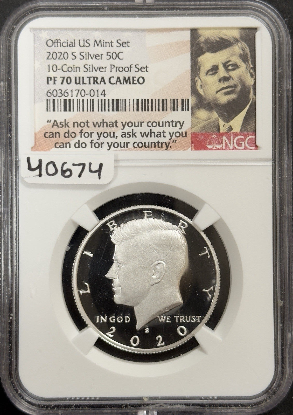 2020 S Kennedy Silver Half Dollar- NGC PF70 Ultra Cameo ( 40674 ) 