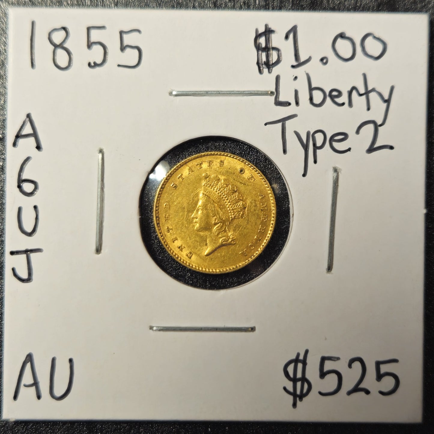1855 $1 Dollar US Gold Liberty Type 2 AU (A6UJ)
