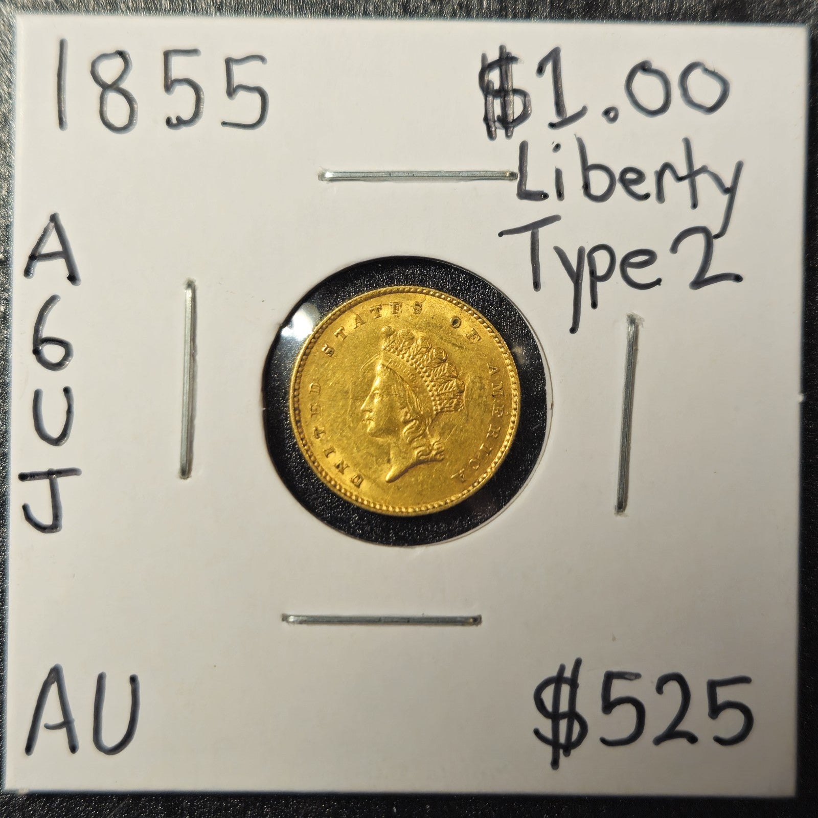 1855 $1 Dollar US Gold Liberty Type 2 AU (A6UJ)