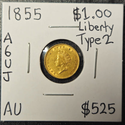 1855 $1 Dollar US Gold Liberty Type 2 AU (A6UJ)