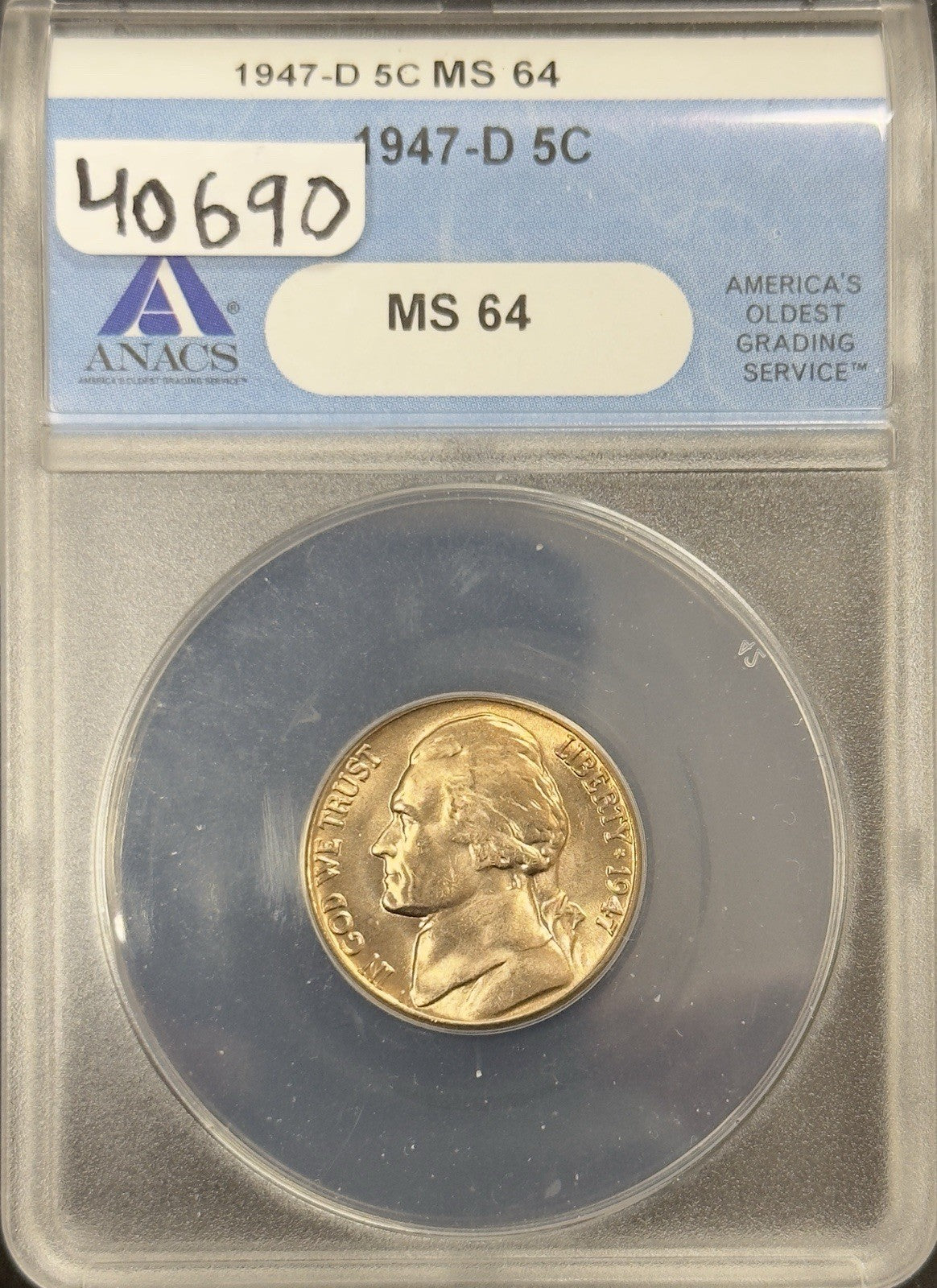 1947 D Jefferson Nickel - ANACS MS64 ( 40690 )