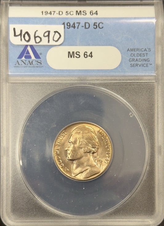 1947 D Jefferson Nickel - ANACS MS64 ( 40690 )
