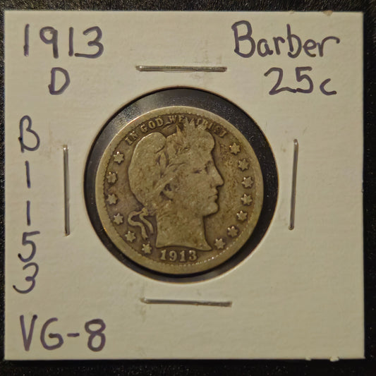 1913-D Barber Quarter Ungraded Very Good B1153