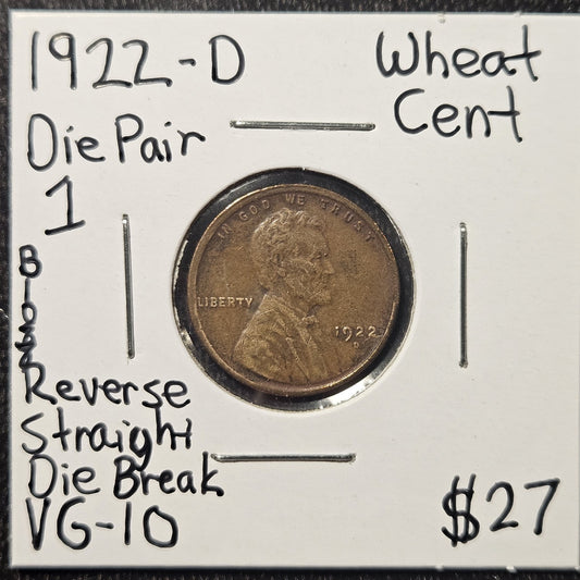 1922 d Lincoln Wheat Cent Die Pair 1 Reverse Straight Die Break Error B1088