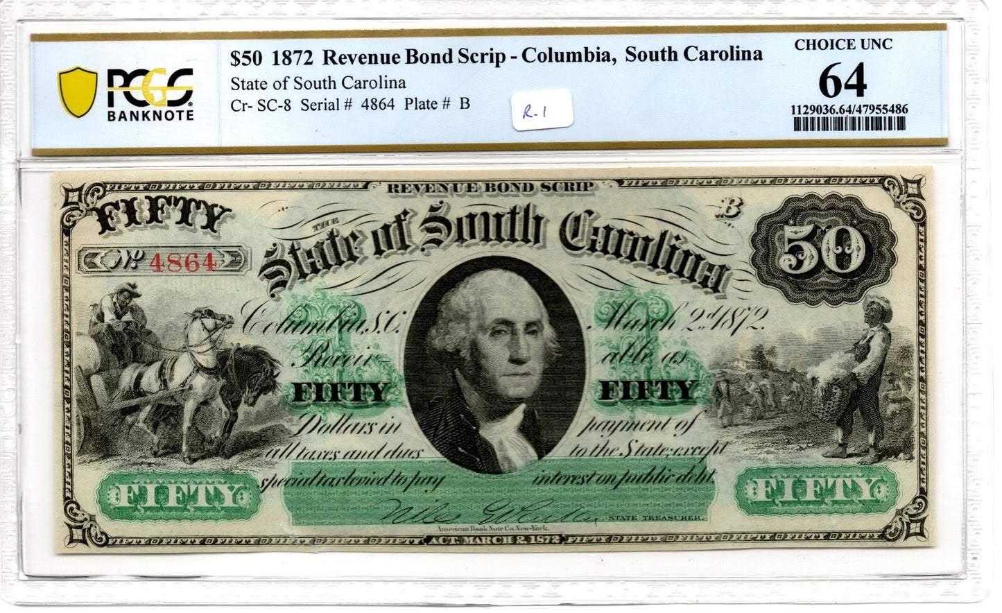 1872 South Carolina $50 Revenue Bond Scrip Obsolete Note PCGS CH UNC 64 (B1129)