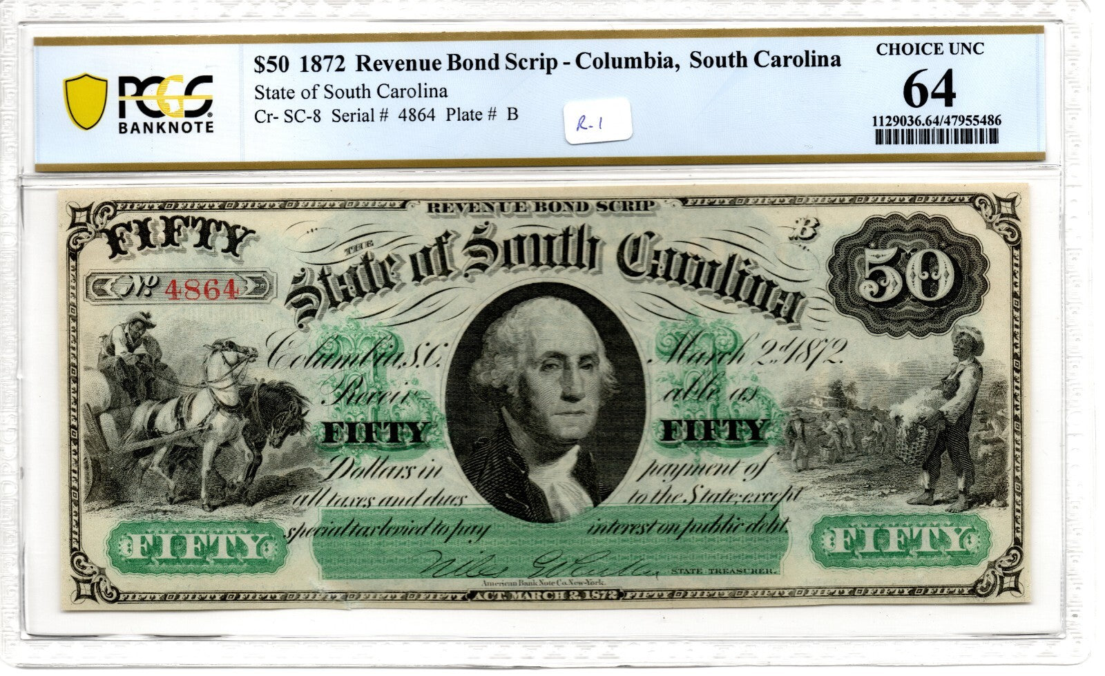 1872 South Carolina $50 Revenue Bond Scrip Obsolete Note PCGS CH UNC 64 (B1129)
