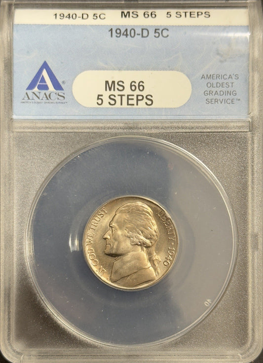 1940 D Jefferson Nickel 5 Steps - ANACS MS66 ( 40688 )