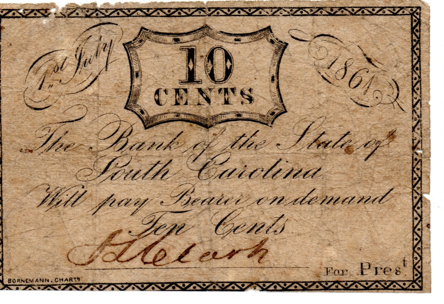 1861 State Bank of South Carolina Obsolete 10 Cent Note SC195-210 B1166