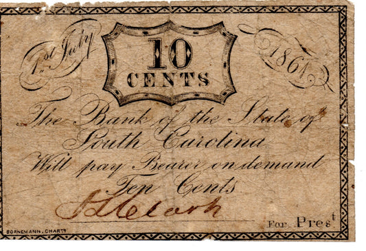1861 State Bank of South Carolina Obsolete 10 Cent Note SC195-210 B1166