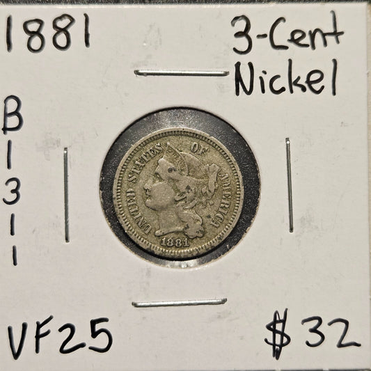 1881-P 3-Cent Nickel Ungraded Very Fine B1311