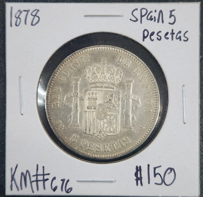 1878 Spain 5 Pesetas Km#676 EW3A — Obverse