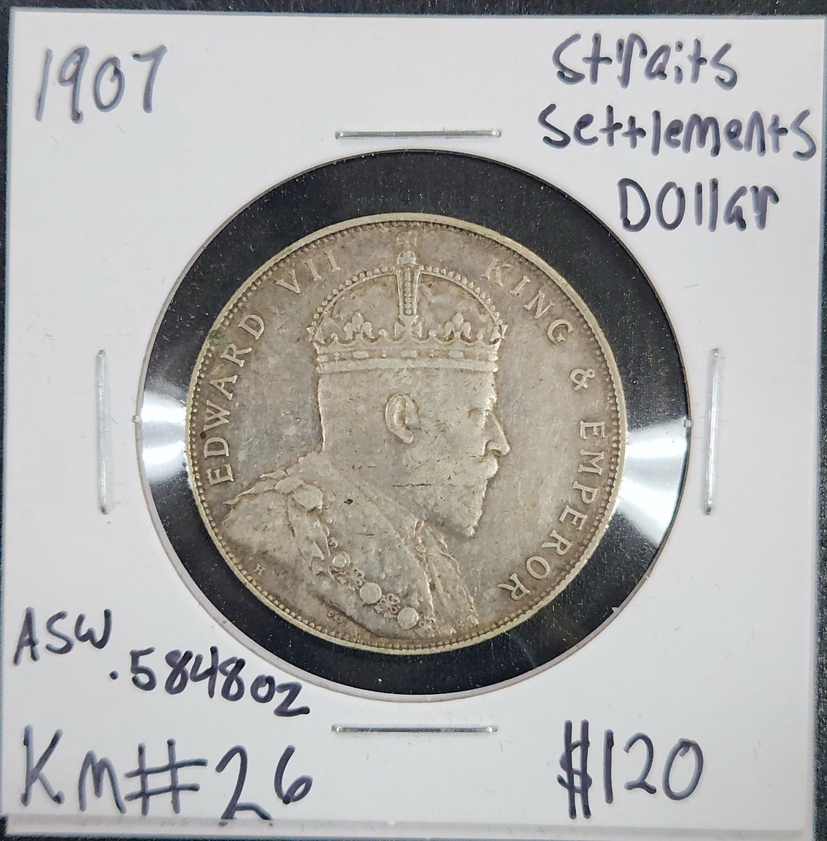 1907 Straits Settlement Dollar ASW.5848oz KM#26 8A76 — Obverse