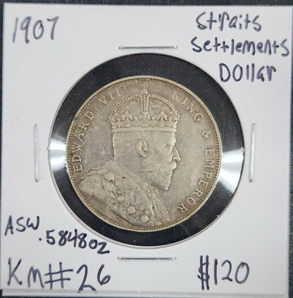 1907 Straits Settlement Dollar ASW.5848oz KM#26 8A76 — Obverse