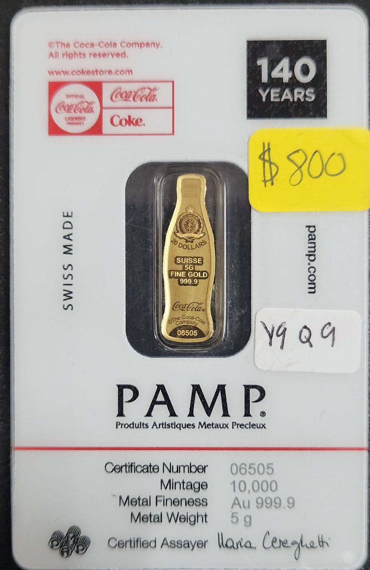 Coca-Cola 140 Years 5g Fine Gold (.9999) PAMP Suisse Bar Y9Q9 — Reverse