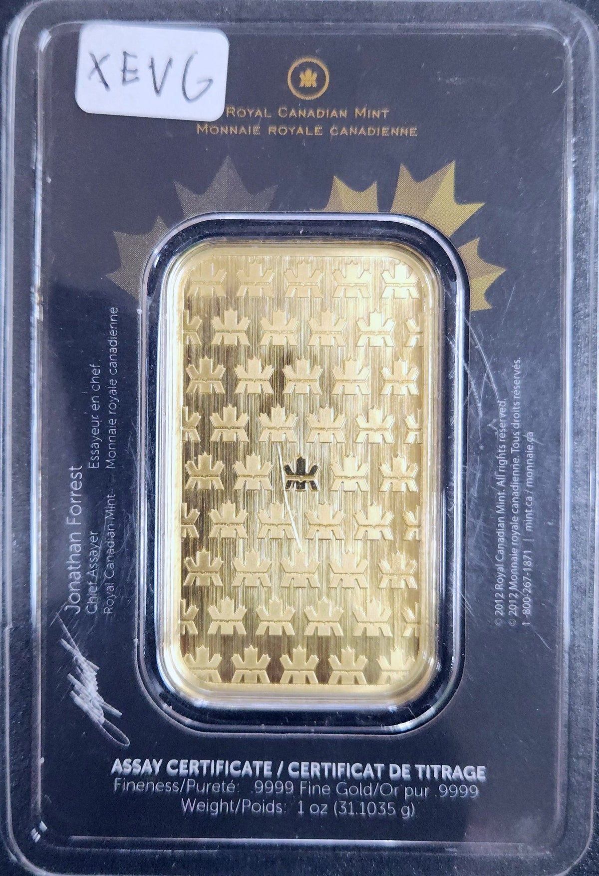 Royal Canadian Mint 1 Oz.9999 Fine Gold Bar XEVG — Reverse