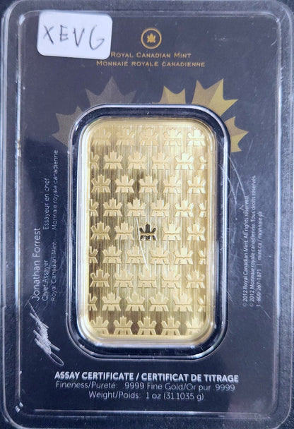 Royal Canadian Mint 1 Oz.9999 Fine Gold Bar XEVG — Reverse