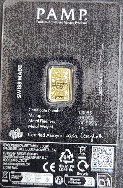 Fender 80th Anniversary Edition PAMP Suisse 1 Gram 999.9 Fine Gold Bar EVNN — Reverse