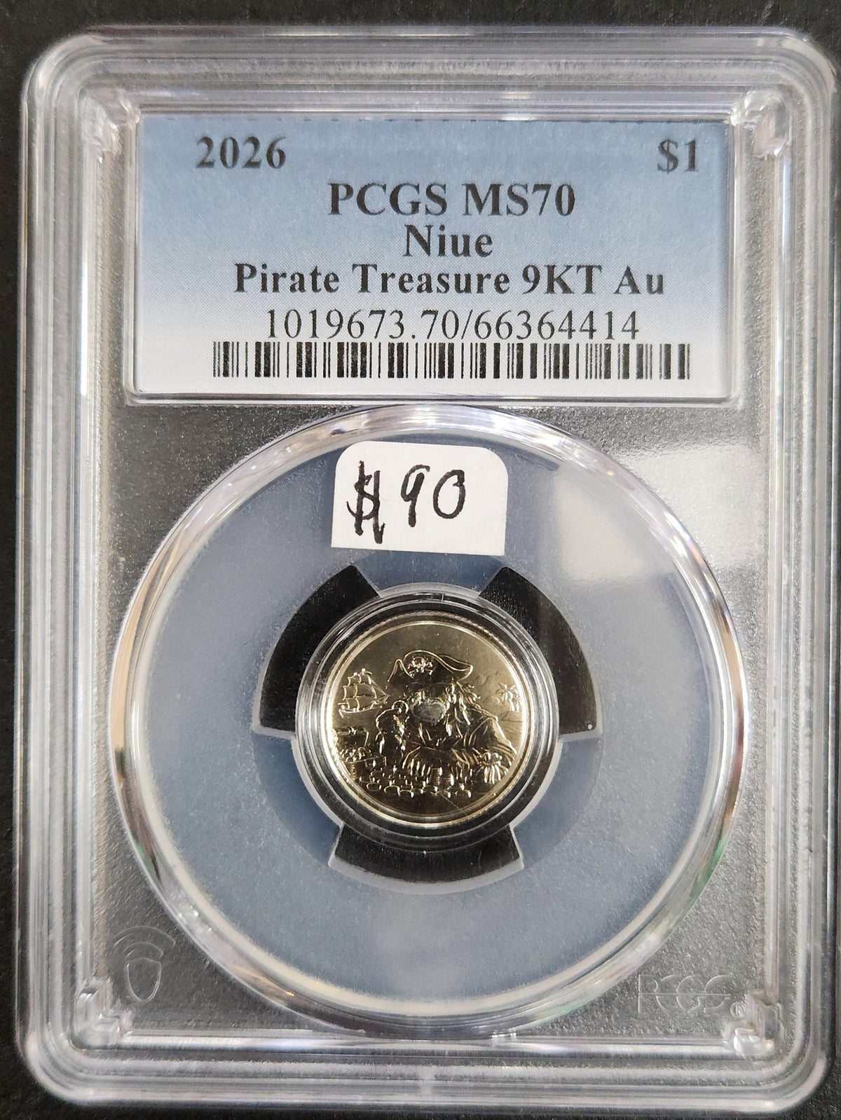 2026 PCGS MS70 Niue $1 Pirate Treasure 9KT Gold EJ8Y — Obverse