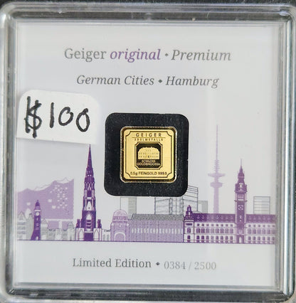 Geiger Original Premium German Cities Hamburg 0.5g Gold Bar 999.9 Fine Limited Edition 0384/2500 MAMW — Obverse