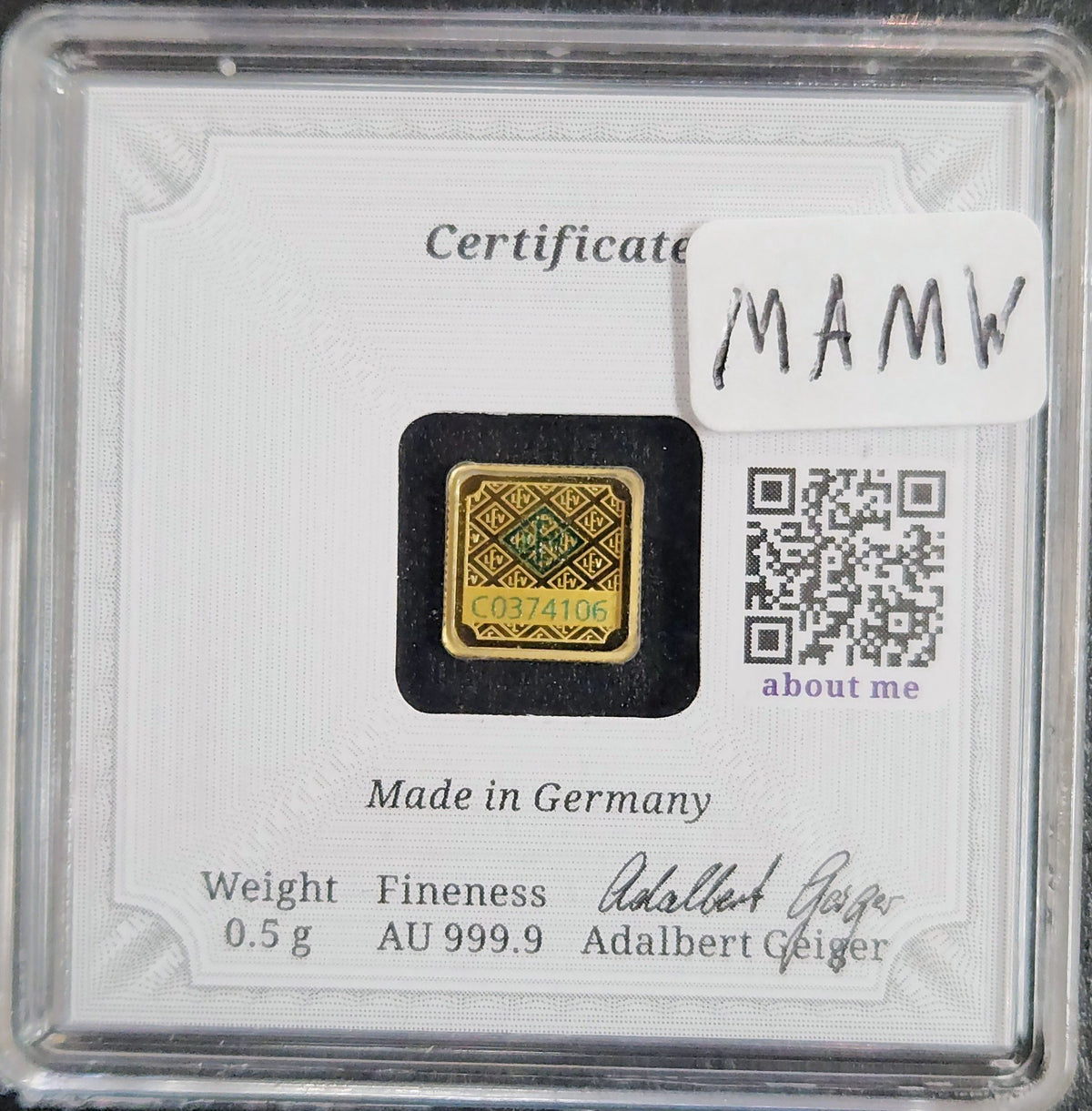 Geiger Original Premium German Cities Hamburg 0.5g Gold Bar 999.9 Fine Limited Edition 0384/2500 MAMW — Reverse