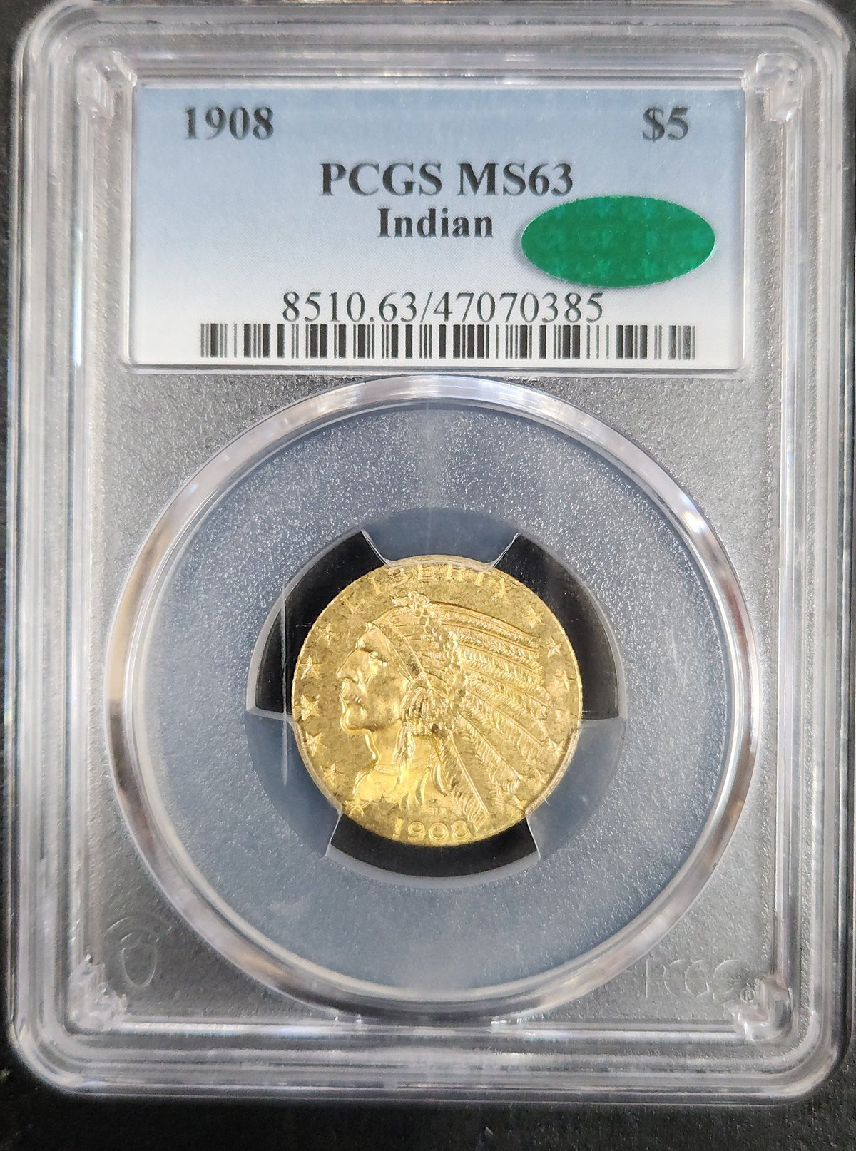1908 $5 Gold Indian Head MS63 CAC PCGS UCHX — Obverse