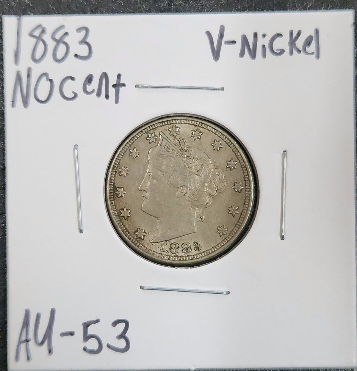 1883 Liberty V Nickel No Cent AU-53 2947.53-A — Obverse