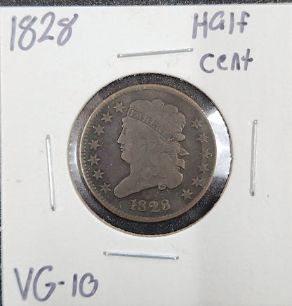 1828 Classic Head Half Cent VG-10 531.10-A — Obverse