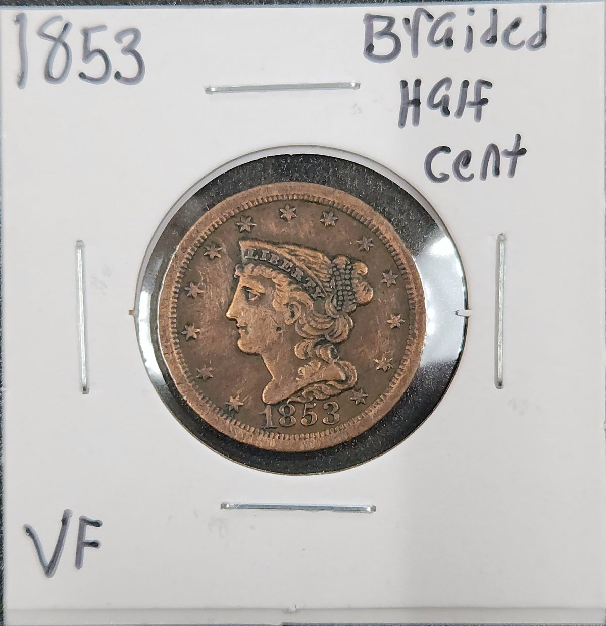 1853 Braided Hair Half Cent VF 666.D35-A — Obverse