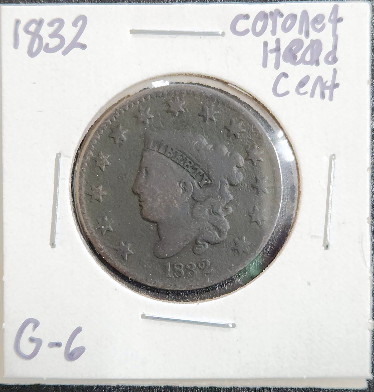 1832 Coronet Head Large Cent G-6 985.6-A — Obverse
