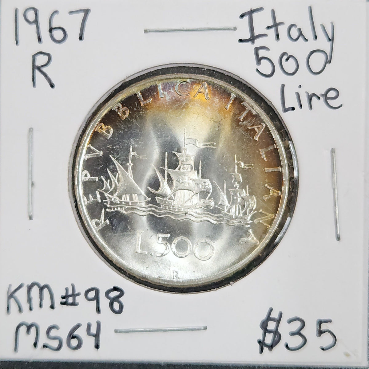 1967-R Italy 500 Lire Toned  KM#98 MS64 XKBU — Obverse