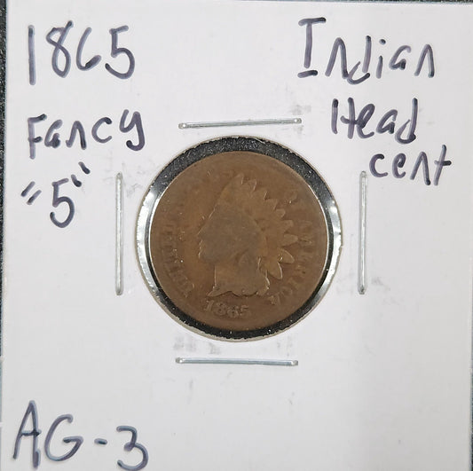 1865 Indian Head Cent - Fancy 5 - AG-3 1299.3-A — Obverse
